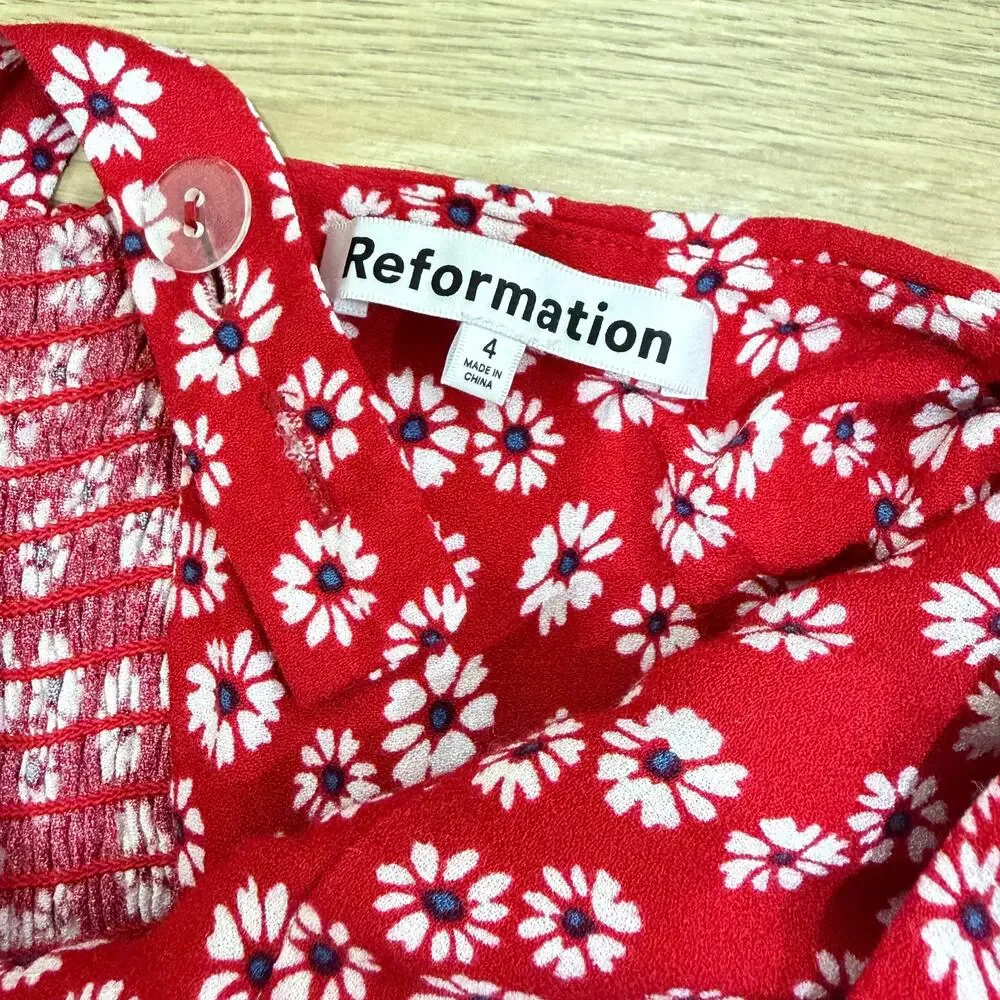 REFORMATION Baldwin Mini Dress Tagged Size 4 Fits 0-2 Red Daisy Floral Print - Picture 7 of 11